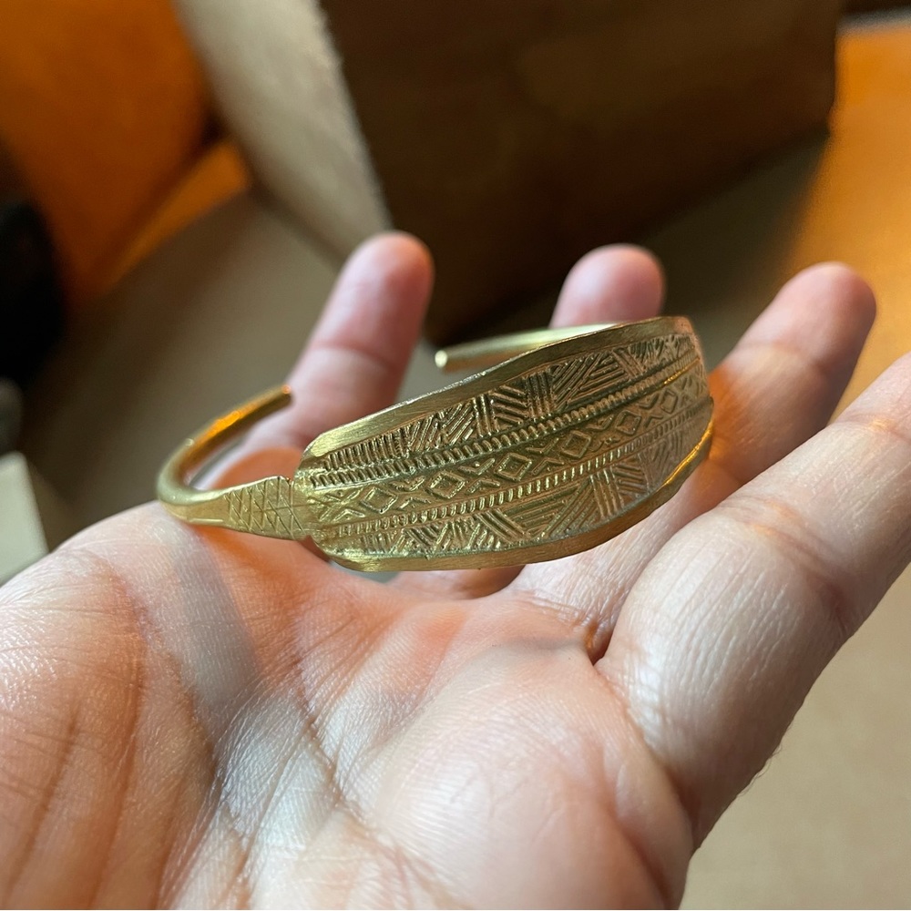 Geometric vintage brass cuff bracelet gold adjustable ID etch engraved signet - Picture 7 of 12